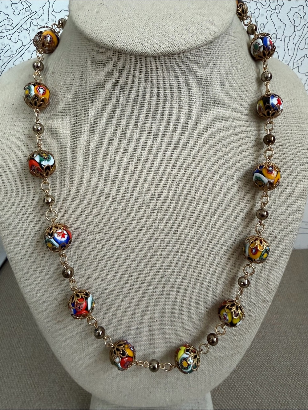 VTG Venetian Murano Millefiori Art Multicolored Glass Bead Necklace